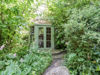 A green garden shed with glass doors surrounded by dense plants and a stone path at Buzzards Rest in Stannington near Morpeth