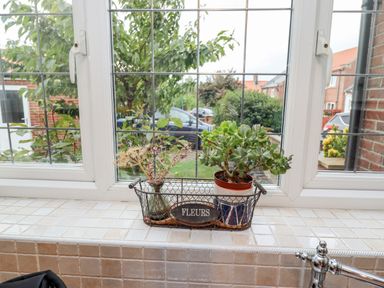 A kitchen window with a wire basket containing a small potted plant and dried flowers at Pond Farm View in Hinderwell