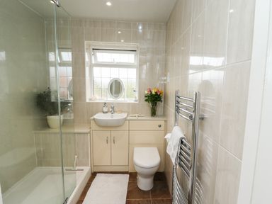 A bathroom with a shower enclosure a sink cabinet a toilet a towel rack and a window with flowers on the counter at Pond Farm View in Hinderwell