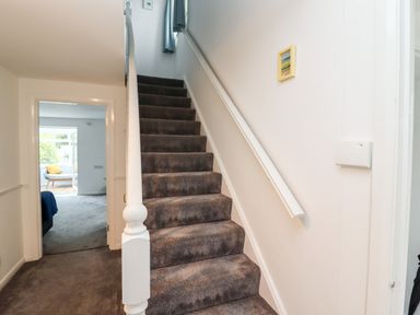 A carpeted staircase with white handrails and a hallway leading to a room with a chair at Pond Farm View in Hinderwell