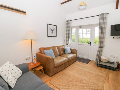 A sitting room with a brown leather sofa and a gray fabric armchair near a wooden floor lamp and a side table at Dryslwyn Cottage in Llandeilo