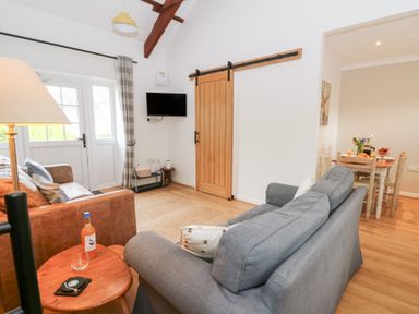 A living room with a brown leather sofa a gray fabric sofa a wooden side table with a drink in front of a door with checked curtains and a wall mounted television at Dryslwyn Cottage in Llandeilo