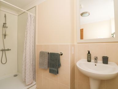 A bathroom with a shower area towels on a rack a sink with soap dispenser and a mirror at Dryslwyn Cottage in Llandeilo