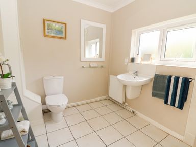 A bathroom with a toilet sink mirror towel rack and shelving unit at Dinefwr Cottage Golden Grove near Llandeilo