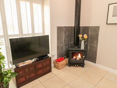 A living room corner with a television on a wooden stand next to a wood-burning stove with flowers in a metal jug at Kizzie Cottage in Guyzance near Warkworth