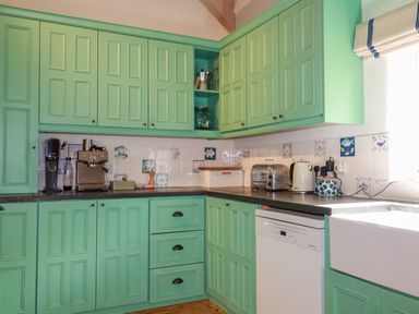 A kitchen with green cabinets dishwasher toaster kettle coffee machine and a farmhouse sink at The Old Watermill in St Mabyn