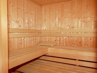 An interior view of a wooden sauna with bench seating at The Old Watermill in St Mabyn