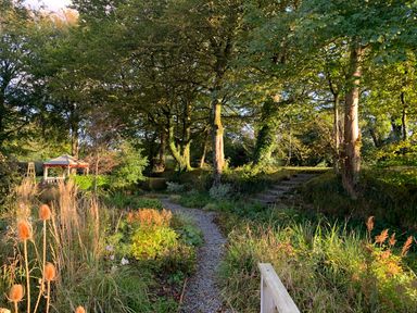 A garden pathway surrounded by trees and plants with stairs and a gazebo in the background at The Old Watermill in St Mabyn