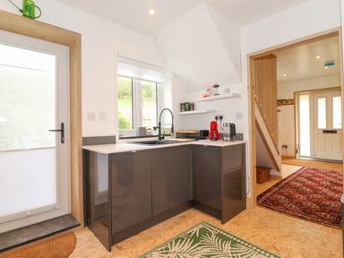 A small kitchen with dark cabinets a sink and coffee machine next to a door and a window at Yamthwaite in Grizedale near Hawkshead