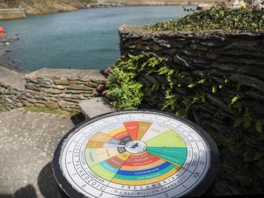 A geological time scale display on a stand near a stone wall and water at The Hawthorns in Llanfechell