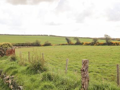 A fenced grassy field with bushes and distant hedgerows under a cloudy sky at The Hawthorns in Llanfechell