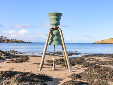 A beach with seaweed and a metal structure with a green top near the shore at The Hawthorns in Llanfechell