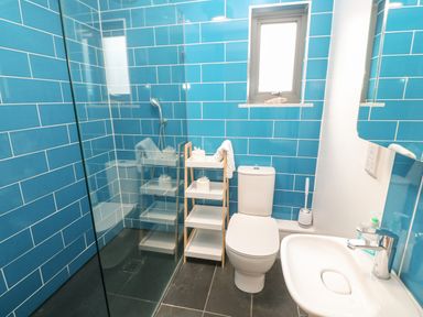 A bathroom with a shower area a toilet a sink and blue tiled walls at Tregenna House in St Ives