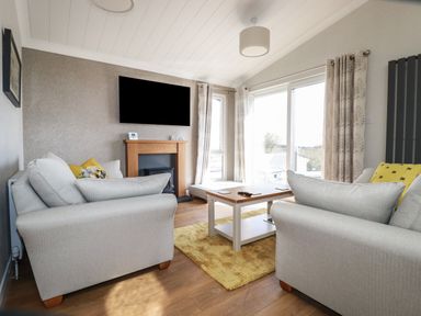 A living room with two sofas a wall mounted TV a fireplace and a coffee table at Acorn Lodge in St Day