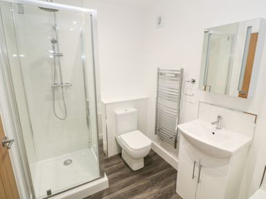 A bathroom with a glass shower enclosure toilet sink with cabinet and mirrored cabinet above at Perran Pearl A in Perranporth