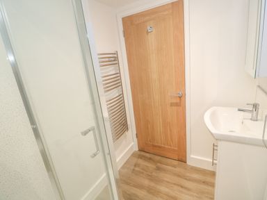 A bathroom with a wooden door a glass shower enclosure a white sink and a heated towel rail at Perran Pearl B in Perranporth