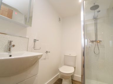 A bathroom with a sink and faucet a toilet and a shower with a glass door at Perran Pearl B in Perranporth