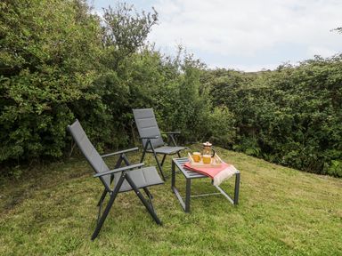 Two outdoor chairs and a small table with mugs and a French press on grass surrounded by bushes at Rhytty Bach in Ty Croes near Rhosneigr