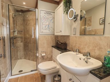 A bathroom with a shower, toilet, sink, mirror, and wall cabinet at Oversands Cottage in Grange-Over-Sands