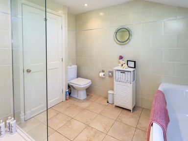 A bathroom with a shower and toilet at The Garden Suite at Fiddler Hall Barn, Newby Bridge