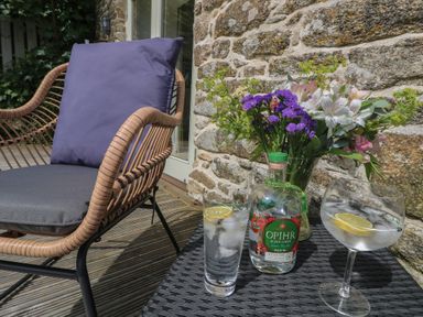 An outdoor seating area with a rattan chair a bottle of Opihr gin two glasses of drinks with lemon slices and a vase of flowers on a table at The Reading Room in Seworgan near Constantine