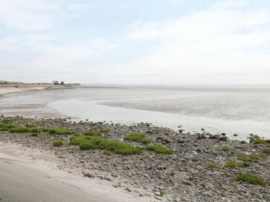 A rocky and grassy shoreline with shallow water and a distant coastline at White Stones in Goadsbarrow near Roose