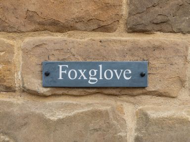 A rectangular sign with the word Foxglove on a stone wall at Foxglove in Goathland