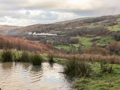 A rural landscape with a pond and grassy hills in the background with a steam train passing through at Foxglove in Goathland