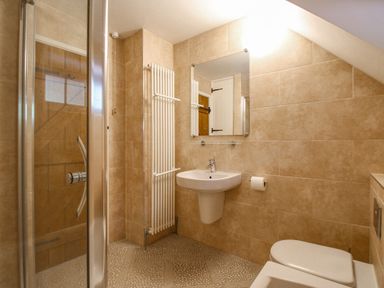 A bathroom with a shower, sink, toilet, wall mirror, and towel radiator at Cajun Cottage in West Lulworth