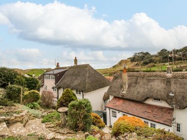 Thatched roof cottages with garden and stone steps in a rural landscape at Cajun Cottage in West Lulworth