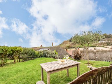 A wooden table with wine and plates on a grassy hill next to a wooden bench and small tree at Cajun Cottage in West Lulworth