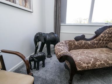 A corner of a room with two black elephant statues a patterned sofa and a chair at Eildon Lodge in Gosforth