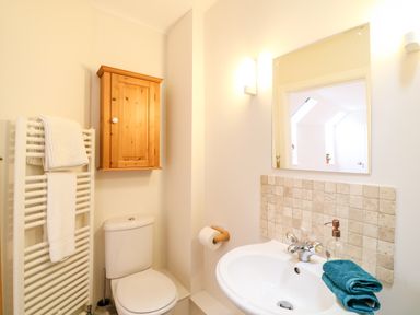 A bathroom with a toilet towel rack wooden cabinet sink mirror and soap dispenser at Fox Hat Cottage in Chagford