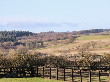 A landscape with rolling hills trees fields and wooden fences at Westfield Lodge in Terrington near Sheriff Hutton