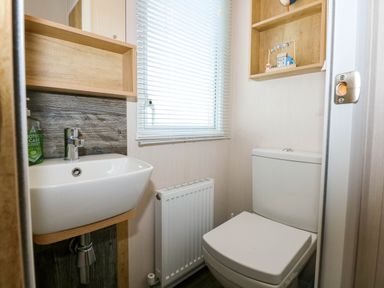 A small bathroom with a toilet sink radiator and shelf at Trewan Lodge Bryngwran near Rhosneigr