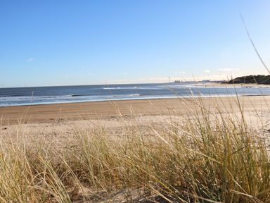 A sandy beach with grass in the foreground and wind turbines on the horizon at Wansbeck View 2 in Ashington