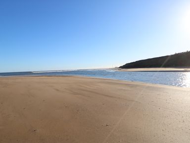 A sandy beach with ocean water and a hill under a clear blue sky at Wansbeck View 2 in Ashington