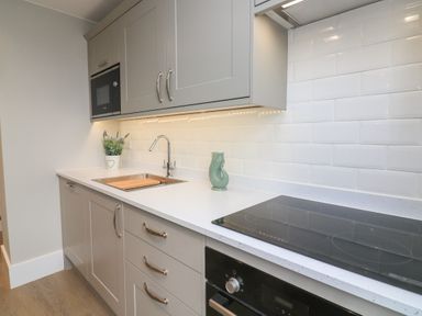 A kitchen with grey cabinets a built in microwave an electric cooktop a sink with a cutting board and a small plant on the counter at Queens View in Dartmouth