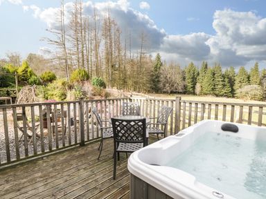 A wooden deck with a hot tub and metal chairs around a table overlooking trees and plants at The Lodge in Dol-y-Gaer near Pontsticill