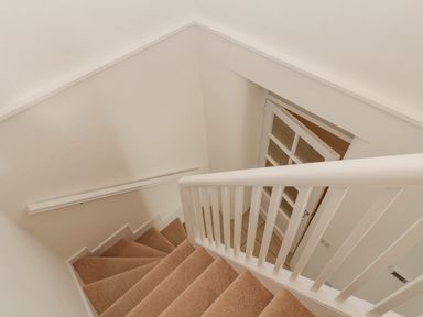 A staircase with beige carpet and white banister leading down to a door with glass panels