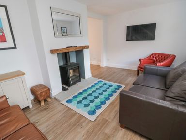 A living room with a fireplace a mirror above it a brown sofa a red armchair a patterned rug and a wall-mounted television at 3 St Cuthberts Garth in Bamburgh