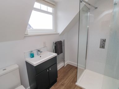 A bathroom with a toilet sink cabinet towel rack and a glass shower enclosure at 3 St Cuthberts Garth in Bamburgh