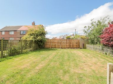A backyard with grass and wooden fences around it at 3 St Cuthberts Garth in Bamburgh