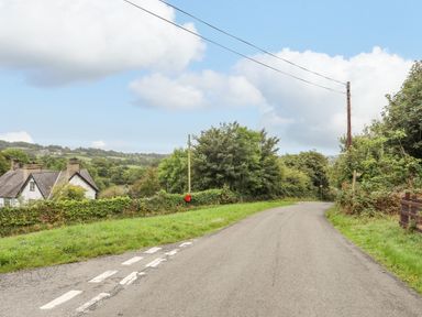 A country road with greenery and a house visible behind a hedge at Bethania in Llangoed near Beaumaris