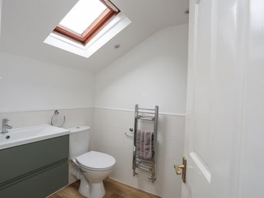 A bathroom with a toilet a sink with cabinet a heated towel rail and a skylight window at Bethania Llangoed near Beaumaris