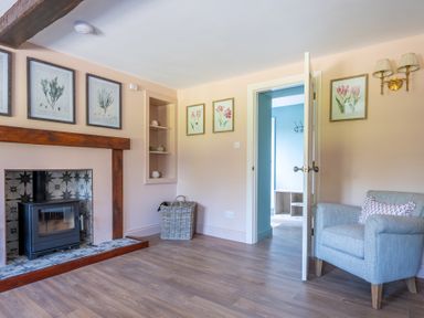 A living room with a fireplace a grey armchair and framed botanical prints on walls at Cunsey Mill House Cunsey near Hawkshead