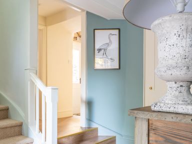 A staircase with carpeted steps next to a blue wall with a framed bird illustration at Cunsey Mill House in Cunsey near Hawkshead