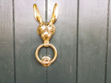A gold door knocker shaped like a rabbit head on a dark wooden door at The Cheese Room in Stretton-On-Fosse
