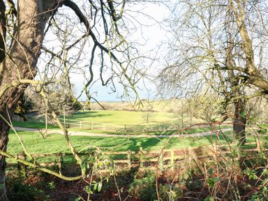 A grassy field with trees and wooden fences at The Cheese Room in Stretton-On-Fosse