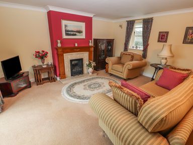 A living room with striped sofas a fireplace and a television at Bryn Offa cottage in Holywell